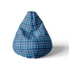 A front view image of a blue checkered beanbag on a white background.