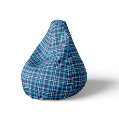 A left side image of a blue checkered beanbag on a white background.