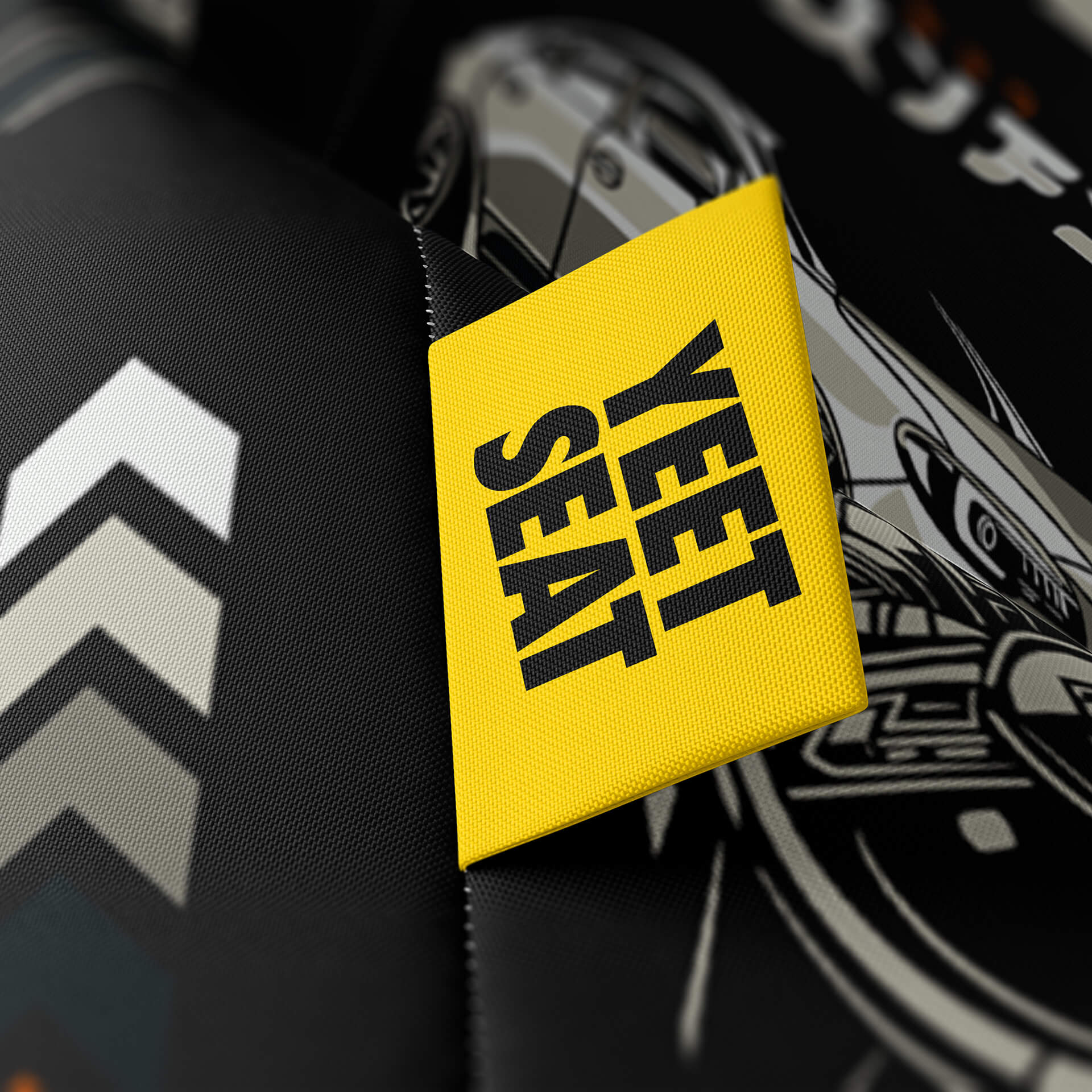 A vibrant Yeet Seat label on a bean bag side.