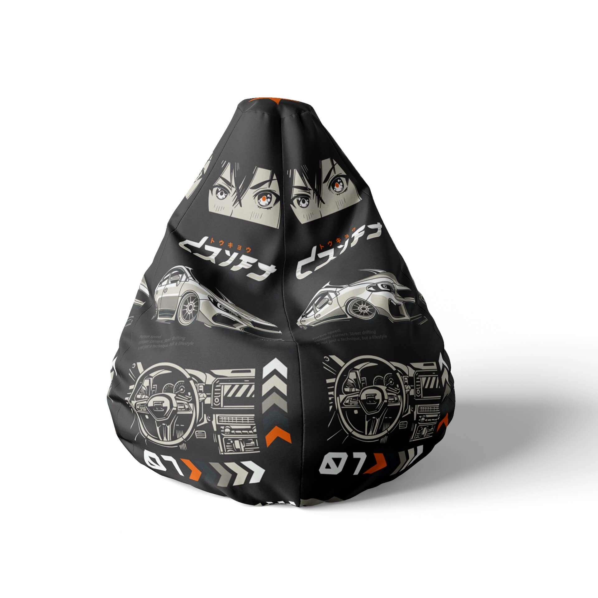 A front view image of a black beanbag with cars design on a white background.