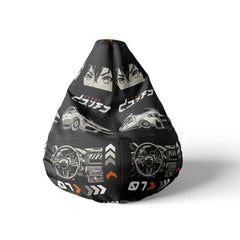 A front view image of a black beanbag with cars design on a white background.