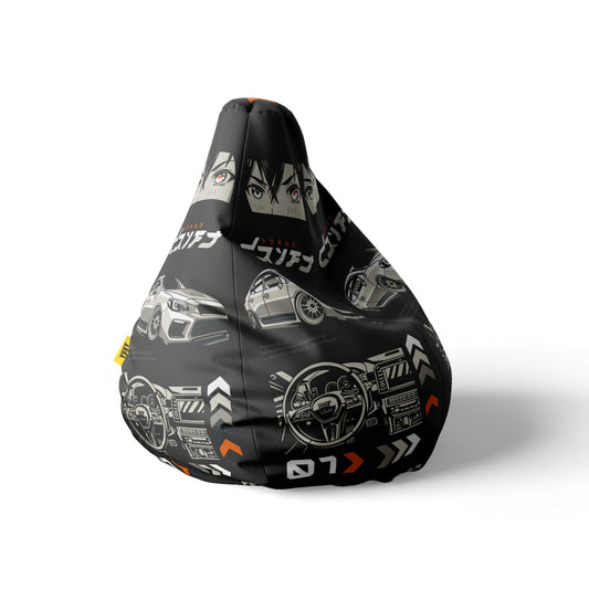 A right side image of a black beanbag with cars design on a white background.