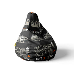 A right side image of a black beanbag with cars design on a white background.