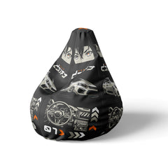 A left side image of a black beanbag with cars design on a white background.