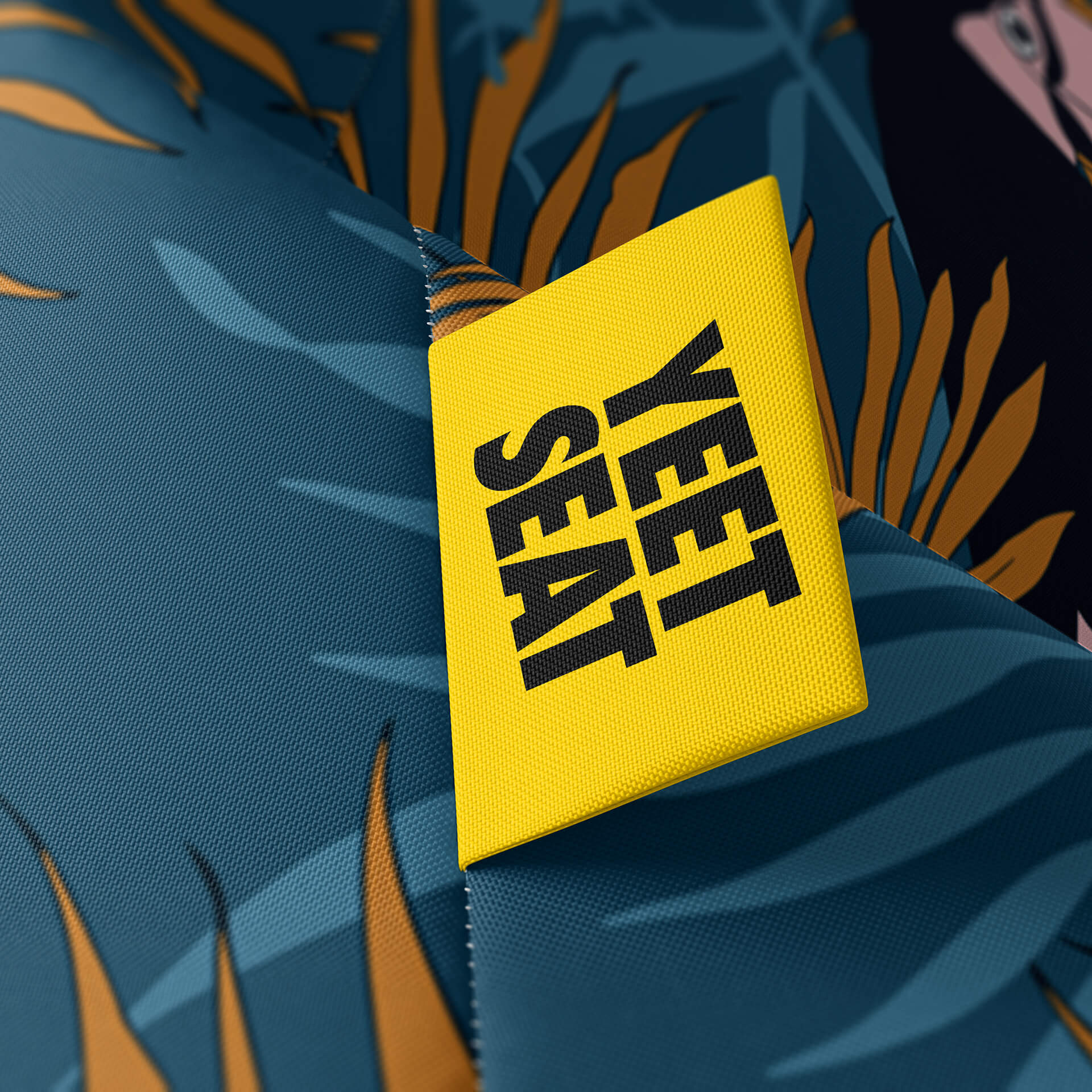 A vibrant Yeet Seat label on a bean bag side