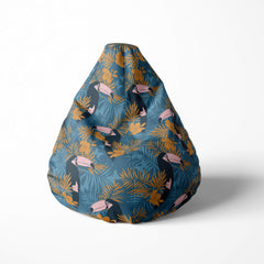 Front image of a beanbag with tropical toucans and leaves.