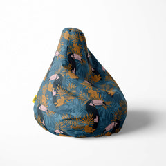 Right image of a beanbag with tropical toucans and leaves.
