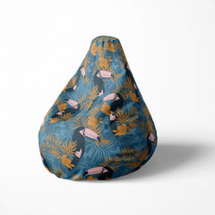 Left image of a beanbag with tropical toucans and leaves.