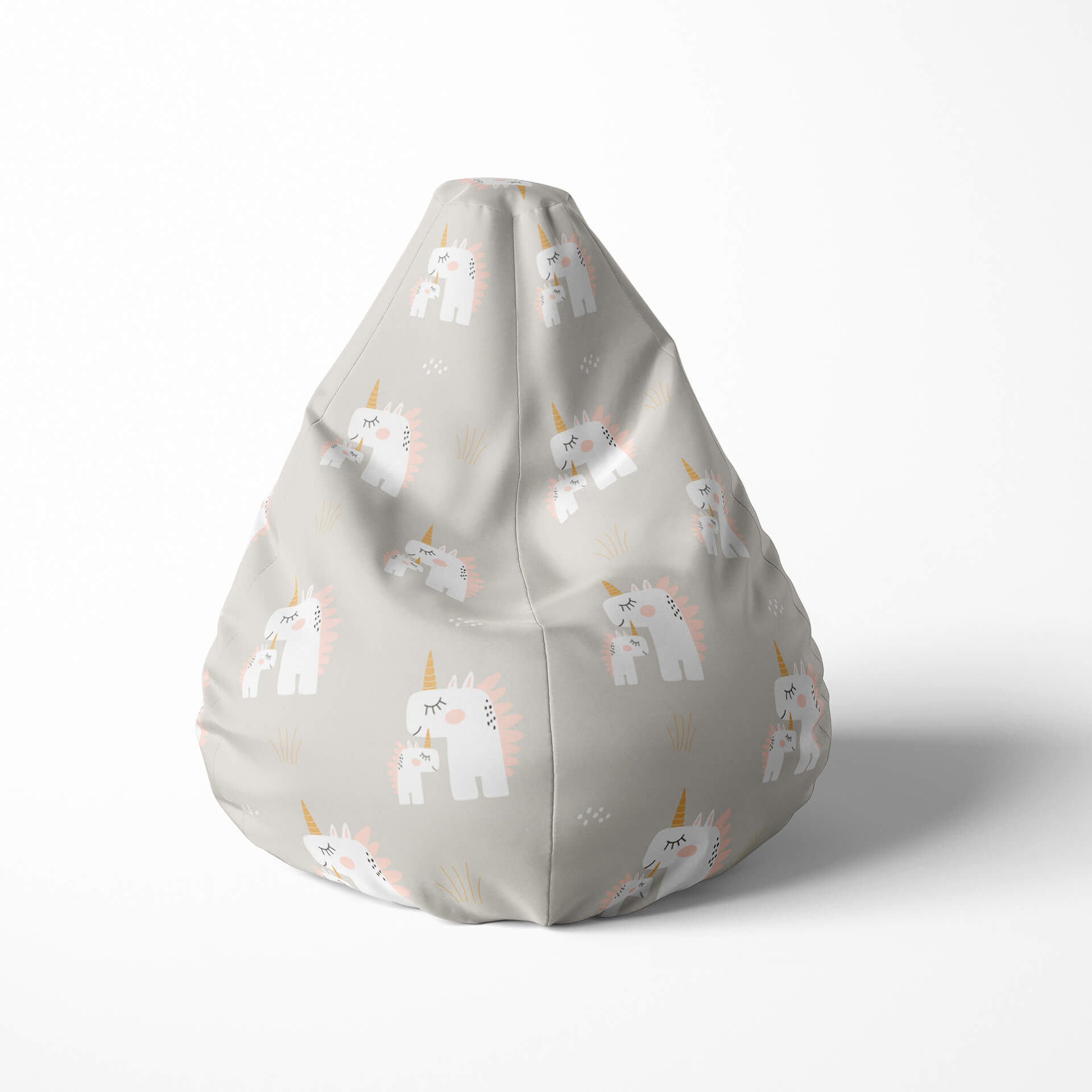 A front image of a white and grey unicorn beanbag on a white background