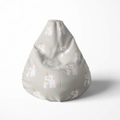 A front image of a white and grey unicorn beanbag on a white background