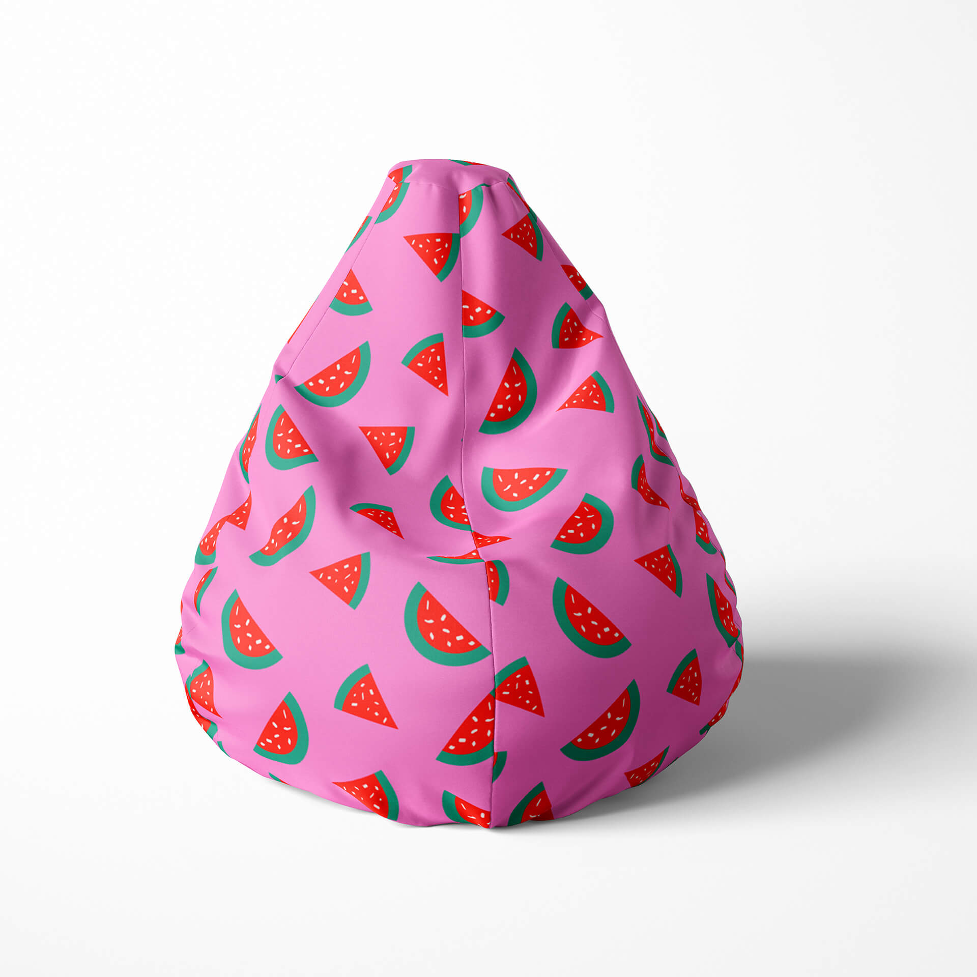 Front image of a beanbag with watermelon slices on a pink background.