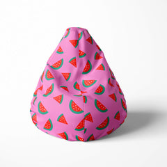 Front image of a beanbag with watermelon slices on a pink background.