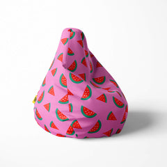 Right image of a beanbag with watermelon slices on a pink background.