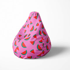 Left image of a beanbag with watermelon slices on a pink background.
