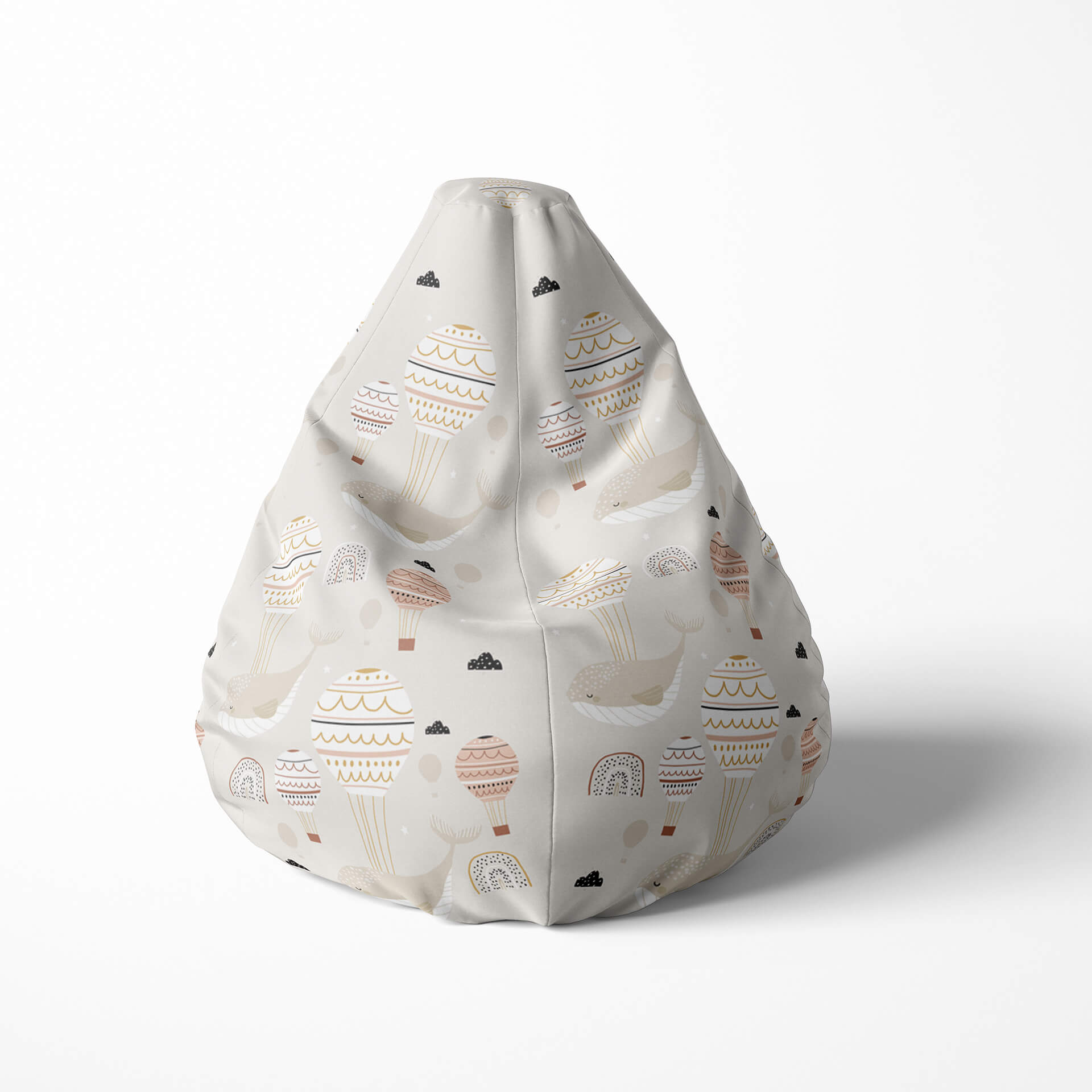 Front image of a beanbag with hot air balloons and clouds on a beige background.