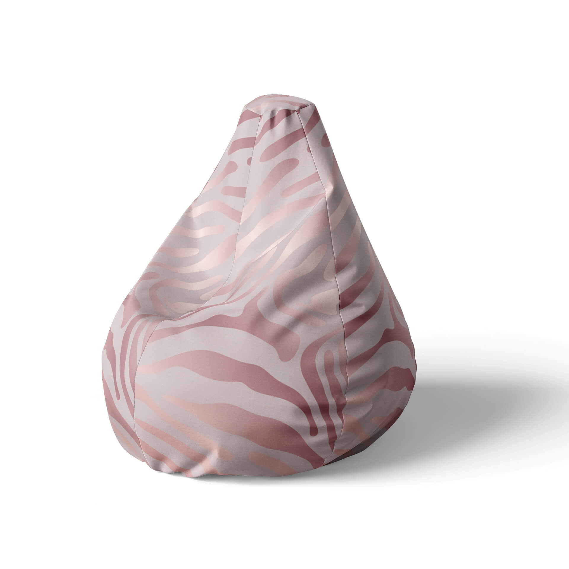 A left side image of pink zebra-striped beanbag on a white background.